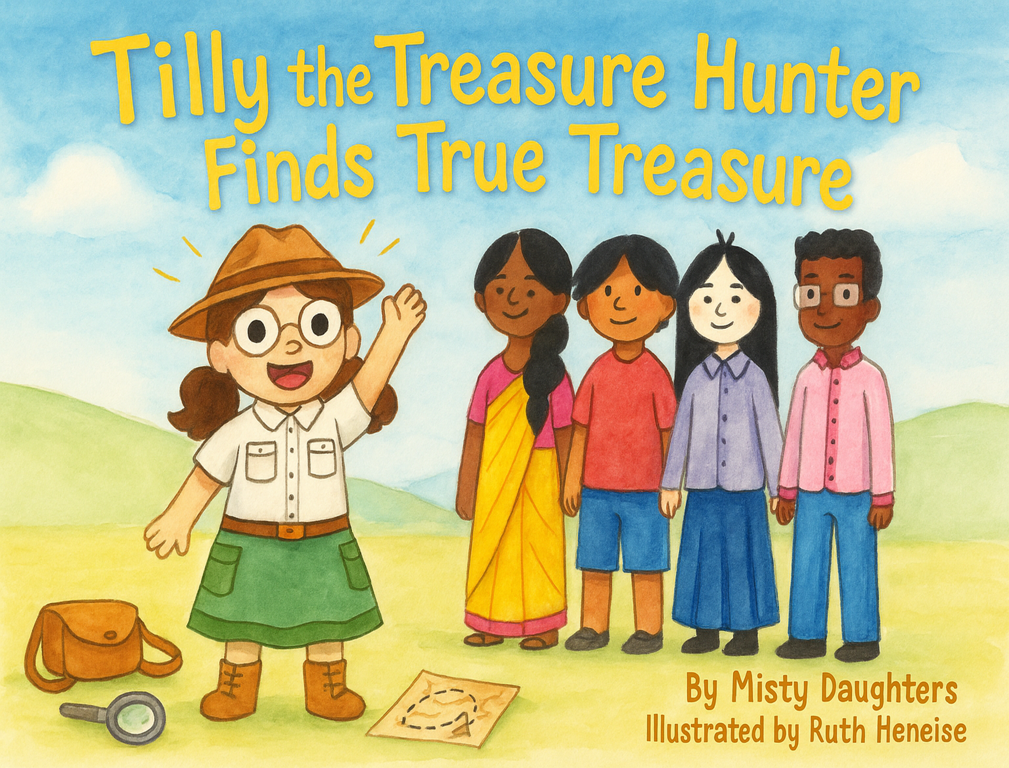 Tilly the Treasure Hunter Finds True Treasure cover — Tilly waves beside her four friends on a sunny watercolor landscape.